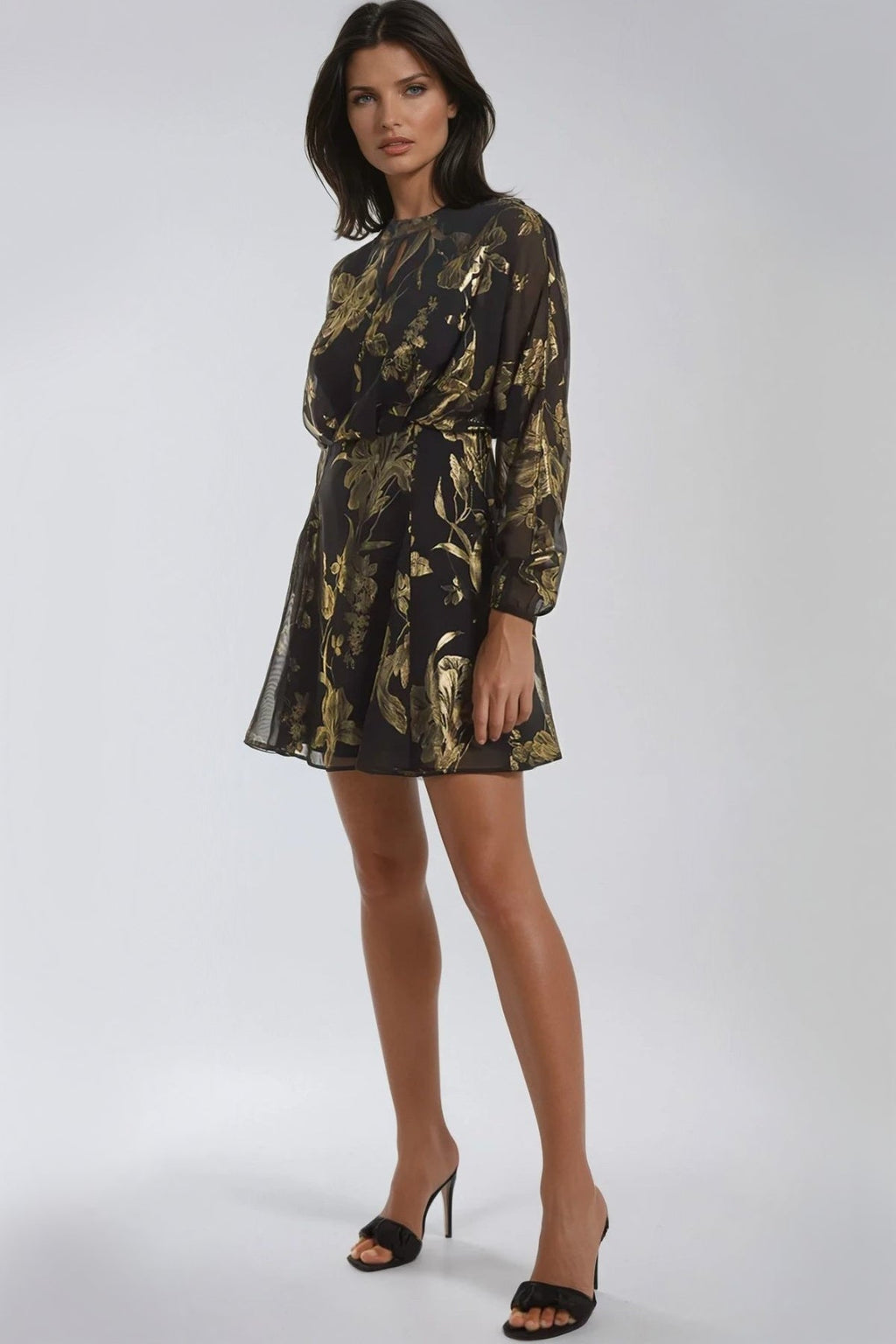 Black Gold Keyhole Foil Floral Detail Mini Dress