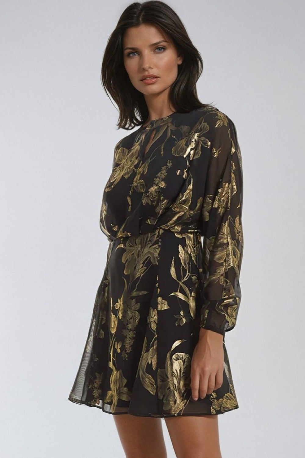 Black Gold Keyhole Foil Floral Detail Mini Dress