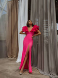 Fuchsia maxi dress with V-neck and open back for formal events