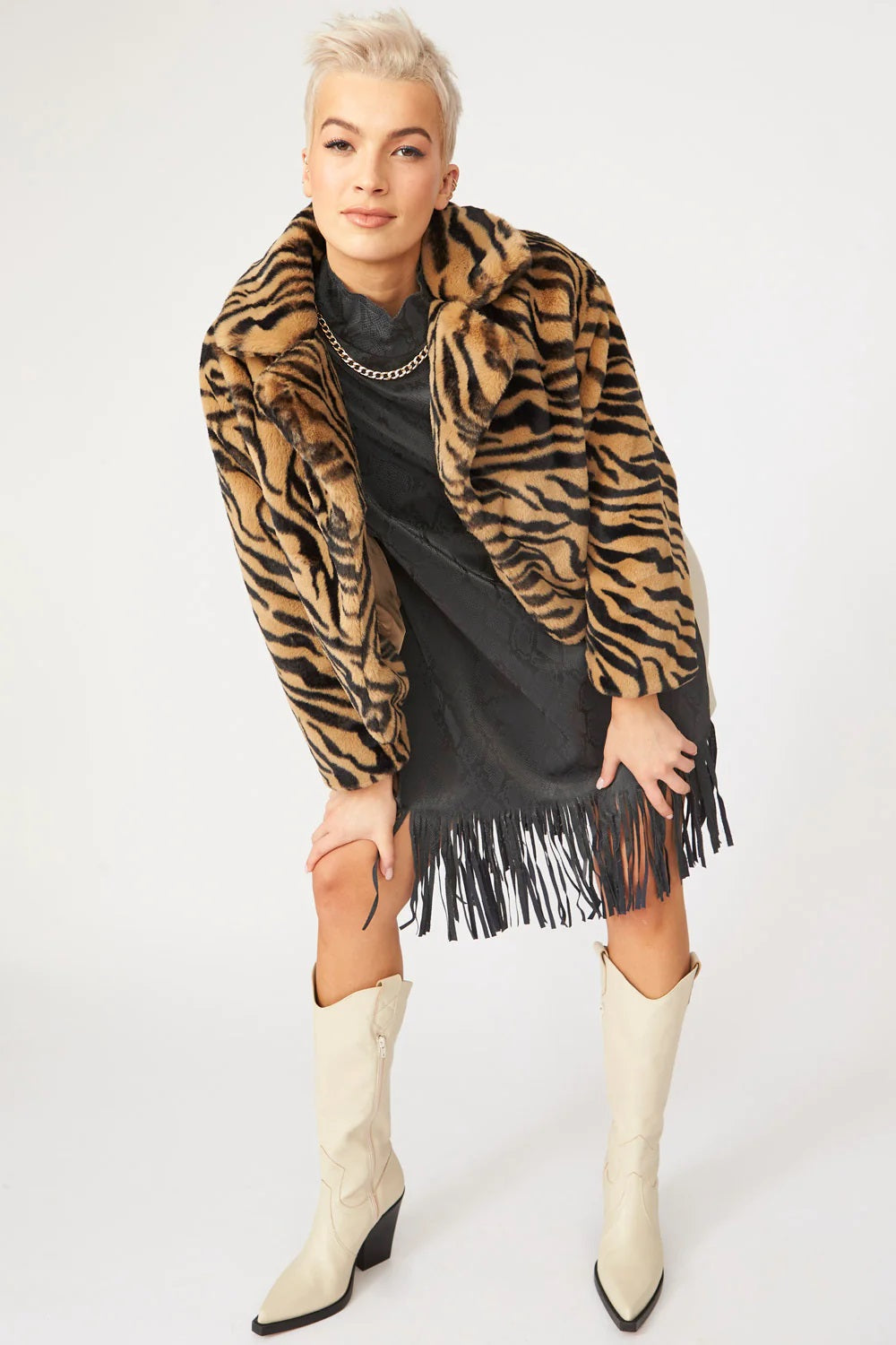 Mocha Faux Fur Cropped Tiger Print Jacket